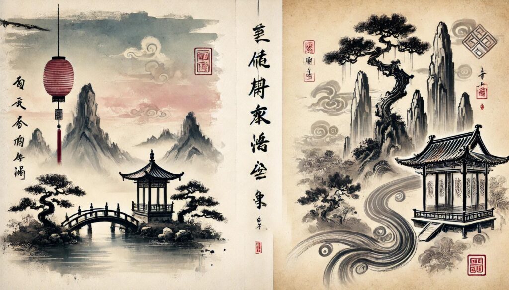 日本書道と中国書道の違いを水彩画で表現した芸術作品